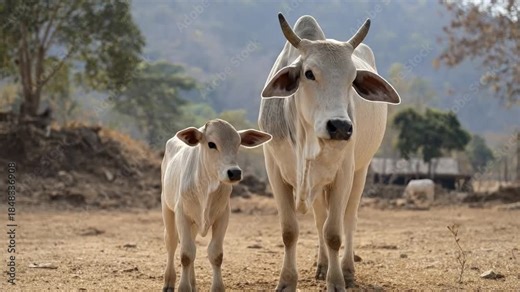 A gentle mother Zebu cow and her adorable calf stand side-by-side on dry, dusty farmland, gazing directly into the camera with an inquisitive and serene expression. The adult animal, with its distinct