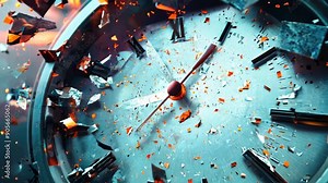 Shattered clock face with flying glass shards and metal pieces, time concept slow motion destruction