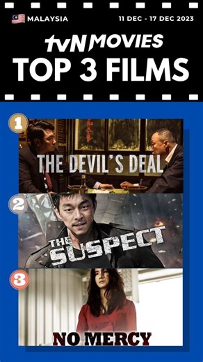 50K views · 626 reactions | Presenting the Top 3 films on tvN Movies in Malaysia  from 11 December – 17 December 2023!  #tvNMovies #HomeOfKoreanBlockbusters #TopFilm #NoMercy #LeeSiYoung #ParkSeWan #LeeJunHyuk #언니 #이시영 #박세완 #이준혁 #TheSuspect #GongYoo #ParkHeeSoon #용의자 #공유 #박희순 #TheDevilsDeal #ChoJinWoong #LeeSungMin #KimMooYul #대외비 #조진웅 #이성민 #김무열 | tvN Movies | Facebook
