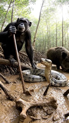 Chimpanzee Saves Wild Boar from Python in Florida Swamp