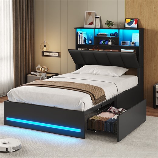 PU Upholstered Bed with Storage Headboard and 4 Drawers, Black