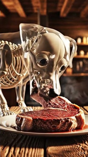 A dog eating the steak