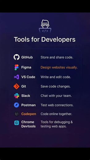 Atharva | Designer & Developer| on Instagram: "Every developer needs the right tools 🧰💻 From writing clean code ✍️ to designing interfaces 🎨, testing APIs 🔌 to collaborating with teams 🤝 These tools make development faster, smarter, and better 🚀 Master your tools, level up your skills ⚡ Figma 🎨 Git 🔧 Postman 🔌 CodePen ✨ DevCommunity 🤝 ProgrammingLife 🚀 TechSkills ⚡ #DevelopersLife 👨‍💻 #CodingTools 🧰 #WebDevelopment 🌐 #GitHub 🐙 #VSCode 💻"