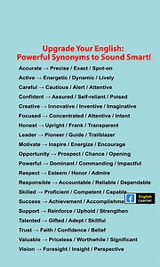 🚀 Power Words Upgrade – 20 Smart Synonyms for Strong English! Stop sounding average. Use these powerful alternatives to speak with confidence and clarity. 💬✨ #EnglishLearning #PowerVocabulary #SmartEnglish #LearnEnglishDaily #VocabularyBoost #WordPower #ProfessionalEnglish #EnglishTips #DailyEnglish #EnglishForEveryone | English Learners