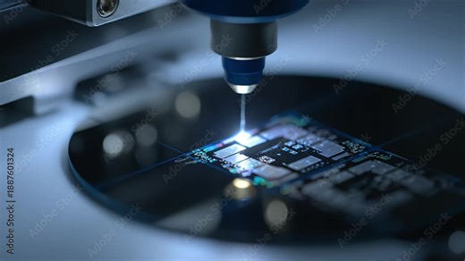 Automated laser etching machine manufacturing semiconductor silicon wafer with microchip circuitry in high tech cleanroom