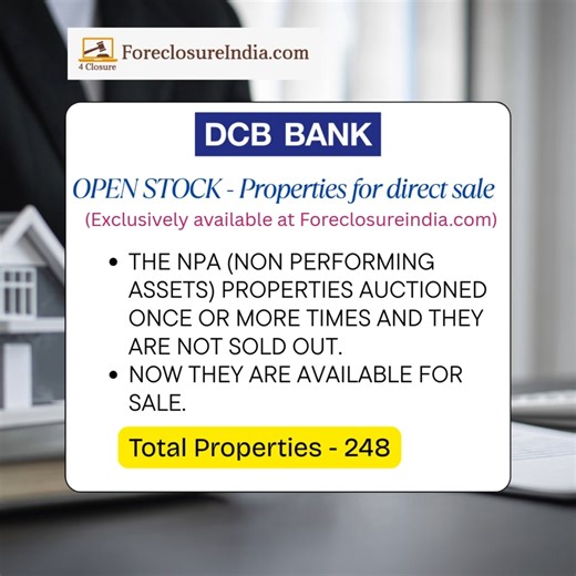🏠 𝐎𝐩𝐞𝐧 𝐒𝐭𝐨𝐜𝐤 𝐀𝐥𝐞𝐫𝐭: 𝟐𝟒𝟖 𝐏𝐫𝐨𝐩𝐞𝐫𝐭𝐢𝐞𝐬 𝐟𝐨𝐫 𝐒𝐚𝐥𝐞 𝐚𝐭 𝐃𝐂𝐁 𝐁𝐚𝐧𝐤! 🌟 Discover your dream property from a vast selection of 𝟐𝟒𝟖 𝗽𝗿𝗶𝗺𝗲 𝗮𝘀𝘀𝗲𝘁𝘀 available across top locations like Agra,Ahmedabad,Alappuzha,Alwar,Aurangabad,Bengaluru and many more! Whether you're looking for a home or investment, this is your chance to buy with confidence. 𝐖𝐡𝐲 𝐜𝐡𝐨𝐨𝐬𝐞 𝐅𝐨𝐫𝐞𝐜𝐥𝐨𝐬𝐮𝐫𝐞𝐢𝐧𝐝𝐢𝐚? ✔️ Physical possession of properties available & legally clea