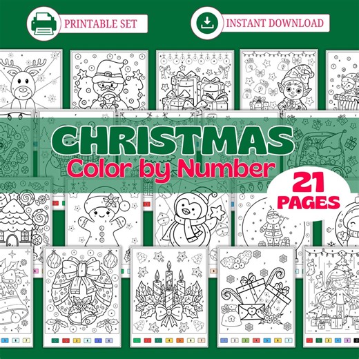 Christmas Color by Number Coloring Pages | 21 Holiday Themed Printable Kids' Fun Book for Snow Scenes - Etsy