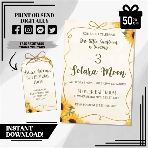 Editable Sunflower Birthday Invitation | Bright Floral Party Invite | Sunflower Theme Printable Template | Instant Download - Etsy