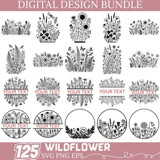 Wildflower SVG PNG EPS Bundle, Floral Line Art Designs, Botanical Frames, Monogram Flowers, Cricut Silhouette Cut Files Vector - Etsy