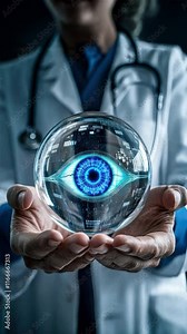 Doctor holding an eye with digital blue iris inside a sphere, represents cataract surgery, eye operation, and advanced ophthalmology care
