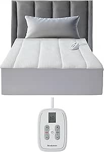 Brookstone Matelassé Knit Heated Mattress Pad – Full Size – 10 Heat Settings, Auto Shut-Off, Machine Washable, Soft Quilted Cover – White
