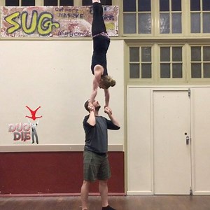 We have a CHALLENGE for you!!! Can you calmly jump into a straight body H2H with no stepping from the base? (To level up... can you come back to shoulders under control?) Do your practice a favour and give it a go! The rules are: 1-Flyer must go directly to handstand without stalling in a tuck/straddle/pike to find the balance 2- hold for 5 seconds 3-the base can't take any steps. It's the focus on the simple details that will be most effective in your training. If you can't do this and want to 