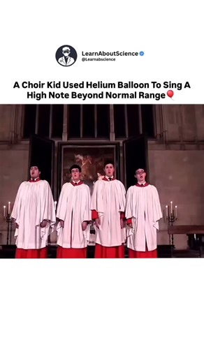 Learn About Science on Instagram: "Many people assume helium actually lets someone sing notes beyond human vocal limits. The truth is that helium does not increase vocal range, it changes how the voice sounds. This clip comes from a choir performance where a child briefly inhaled helium from a balloon before singing. Helium is less dense than normal air. It changes the speed of sound inside the vocal tract. Vocal cord vibration frequency stays the same. Formants shift upward, making the voice so