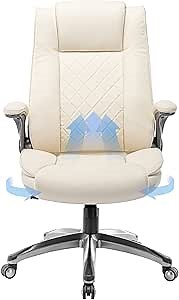 COLAMY High Back Office Chair-Executive Computer Office Chair with Flip-up Arms Adjustable Height Swivel Chair, Thick Padded Leather for Comfort and Ergonomic Design for Lumbar Support (300lbs, Ivory)