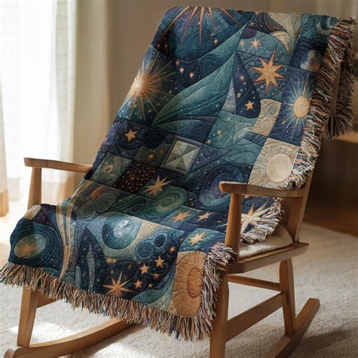 Celestial Patchwork Quilt Throw | Starry Sky Woven Cotton Blanket | Cozy Blue Bedspread for Boho Decor | Galaxy Bedding Design Theme Gift - Etsy