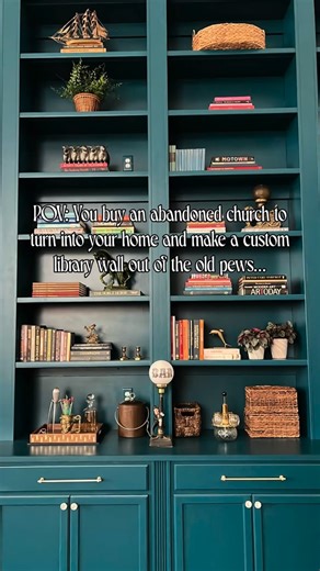 One of my favorite projects in this entire place are these library shelves that are floor-to-ceiling along an entire 35-foot long wall! I’m having an absolute blast styling & arranging my books & vintage treasures, and I know these shelves will change many, many times as the seasons pass and my collections grow. Follow along to see more! 😊 . . . . . . . . #librarywall #homelibrary #booksonbooks #shelfie #churchlife | My Church of Chaos