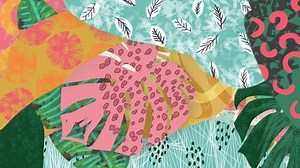 Abstract tropical plants loop. 90s style background. Hand drawn colorful leaves, shapes, scribbles. Monstera, banana palms. Animated painting, digital brush strokes. Fun trendy retro 90's animation.