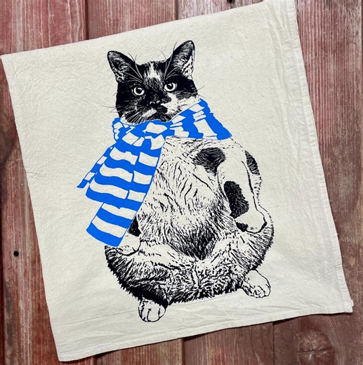 Cat With Scarf Tea Towel - 100% Cotton - Unpaper Towels - Cottagecore - Christmas Cat Towel - Winter Kitty Kitchen Towel - Etsy