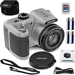 Minolta ProShot 20MP Camera – 26x Optical Zoom Lens, 1080p HD Video, WiFi, 3-inch LCD Screen, Image Stabilization, Face Detection, Scene Modes, Compact Point & Shoot, 32GB Card (Silver)