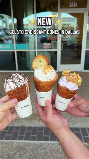 ✨NEW GELATO CROISSANT CONES ✨ Le Reve is known for their delicious gelato and croissants and why not have them all in one?? This new Gelato Croissant cones are the newest trend and this is one you have to try! If you want to try these for yourself, you need to make your way to Le Reve! How it works is 1. Pick your gelato flavor 2. Pick your toppings- almond croissant crumbles, chocolate drizzle, or gold dust with a croissant crouton 3. Grab a spoon or take a bite and Enjoy!! 😉 They are known fo
