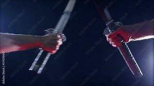 Vidéo Stock Japanese samurai warriors fighting with swords. Sword battle. Two Japanese katana sword. Blade close-up on a dark background with blue light filter with incense smoke. Steel tempering