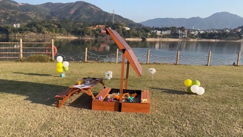 Outdoor Kids Sandbox with Picnic Table Foldable Sand Box with Canoppy Wooden Sand Pit with Lid Cover