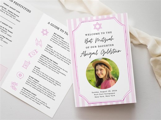 Bat Mitzvah Program Template, Pink Stripe Jewish Ceremony Folded Program, Editable Modern Mitzvah Itinerary Printable, Edit With Canva - Etsy