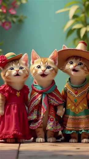 One in a red flamenco dress, one in a Mexican poncho & sombrero & one in a Brazilian carnival outfit