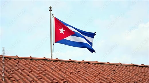 Cuba National Flag Waving Above Calm Rooftop Under Mild Skies, 4K UHD Realistic Country Symbol Video for International Travel, Politics and Cultural Projects