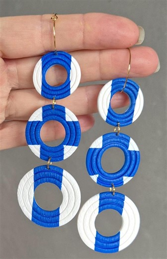 Handmade Polymer Clay Statement Earrings: Retro Greek Flag Design, Cobalt Blue White Hoops - Etsy