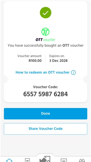 Unathi SuperNeverdie on Instagram: "OTT voucher You have successfully bought an OTT voucher Voucher amount Expires on R100.00 3 Dec 2028 How to redeem an OTT voucher Voucher Code: 655759876284 Done Share Voucher Code"