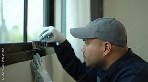 Technician worker in uniform using water level meter or spirit level tool to measure perpendicular angles window on the construction site.