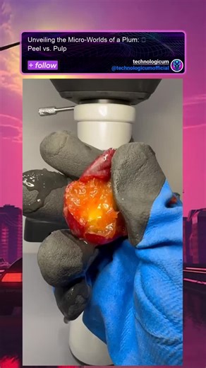 Technologicum on Instagram: "Most people overlook the intricate details hidden within everyday objects. Here, we witness the quiet revelation of a plum under the microscope. The initial compression of the fruit reveals its juicy interior, preparing us for a closer look. What you're seeing is more than just simple fruit matter; it's a complex cellular tapestry. The plum pulp, a vibrant network of plant cells and natural sugars, moves almost imperceptibly as light passes through. Each cell is a ti