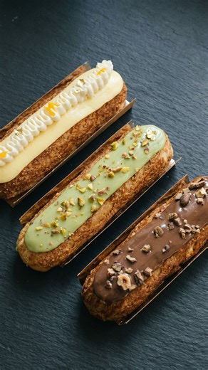 KIJI BAKEHOUSE on Instagram: "Our éclairs, made for Glorietta. It starts with pâte à choux baked until the shell sets and dries, creating space for the filling inside. The pistache éclair is filled with pistachio crème, with the focus on the natural flavor of the nut. The mango éclair uses fresh mango to bring a light citrus note to the cream. The chocolat éclair is finished with a pure cocoa cream. Simple by design. Filled throughout the day."