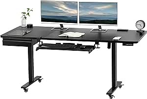 VIVO Electric Height Adjustable 71 x 30 inch Stand Up Mobile Desk, Pull-Out Storage Drawer, Keyboard Tray, Casters, Black Table Top, Black Frame, Memory Controller, DESK-KIT-1B7B-A1