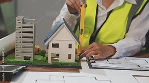 Engineer or architect team collaboration working in site discussing on blueprint building structure paperwork meeting for real estate project cooperation with partner and engineering equipment tools.