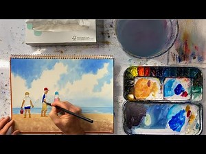 How to draw and paint children on a beach | Watercolor demo | Intermediate level