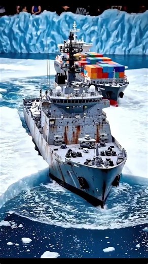 Icebreaker Crushing Ice to Clear Path for Container Ship