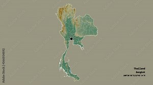 Si Sa Ket, province of Thailand, with its capital, localized, outlined and zoomed with informative overlays on a relief map in the Stereographic projection. Animation 3D