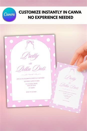 Pink Polka Dot Birthday Invitation Template, Pretty in Dots, Coquette Bow Bday, Editable Canva - Etsy