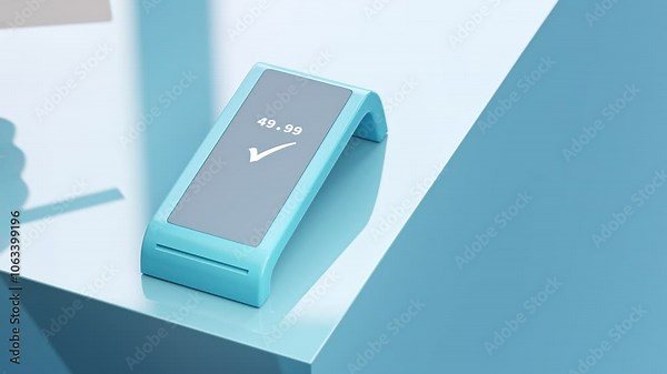 Credit card transaction. A neutral contactless credit card with fake name and number being held in front of a contactless card reader. 3d render
