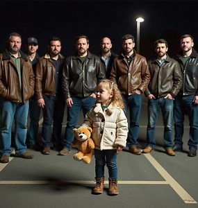 Thirty-two Hells Angels stood around a crying six-year-old girl at midnight in a Walmart parking lot, and everyone who saw it dialed 911. The bikers, dressed in black leather, formed a tight circle around her, their motorcycles creating a wall so no one could see what was happening inside. Store guards rushed to get closer, shoppers filmed on their phones, and police cars raced toward the scene. Her small pink bike was lying on the ground about fifty feet away, its training wheels bent, the bask