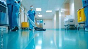 A deep cleaning process in a hospital where professionals use eco-friendly floor cleaners and lint-free cloths for a hygienic and safe environment