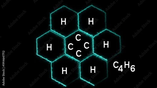 Futuristic Molecular Structure C4H6 Formula Glowing Blue Hexagon Chemical Diagram on Black Background, Advanced Organic Chemistry Concept, Scientific Atomic Model Visualization, Digital Science