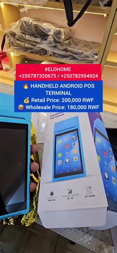 🔥 HANDHELD ANDROID POS TERMINAL available in ELOHOME 🔥 💰 Retail Price: 200,000 RWF 📦 Wholesale Price: 180,000 RWF ✅ Android Smart POS System ✅ Touchscreen Display ✅ Built-in Thermal Printer ✅ Portable & Rechargeable ✅ Fast & Reliable Performance 📱 Smart Features: ✔ Wi-Fi Connectivity ✔ Bluetooth Support ✔ SIM Card Support ✔ Mobile Data Connection ✔ Barcode & QR Code Scanning ✔ Receipt Printing Anywhere 🖨 Perfect For: ✔ POS Transactions ✔ Mobile Payments ✔ Inventory Management ✔ Delivery Se