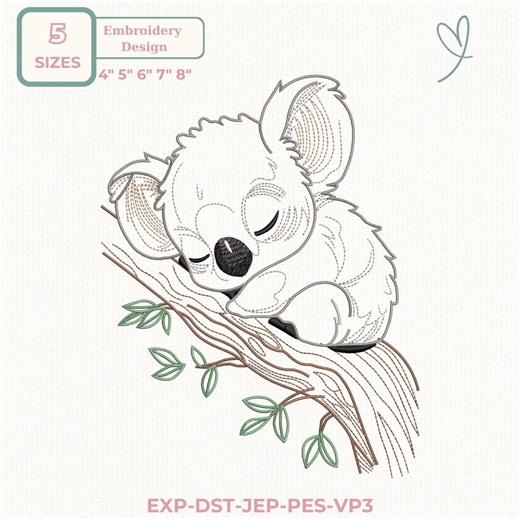 Baby Koala Embroidery Design, Koala Line Art Embroidery Design, Minimal Nursery Animal Embroidery, Sleeping Koala on Branch Embroidery File - Etsy