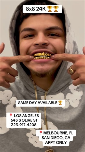 Pristine Grillz 💎 on Instagram: "8x8 24k 🏆🏆 📍 Los Angeles Walk ins accepted, 12-7 Monday - Saturday 323-917-4208‼️ 📍Orlando Walk ins accepted 12-7 Monday-Saturday 407-459-4665‼️ 📍Melbourne & San diego Appt only ‼️ 407-459-4665‼️ #explorepage #ncaafootball #floridagators#diamondteeth #grillz #diamondgrillz #goldgrillz #losangeles #orlando #beverlyhills #blackowned #nba #nfl #fashion #hollywood #clothes #foodporn #cars #crenshaw #sandiego #miamilife @metrolosangeles @nba @nfl @wwe @ncaa"