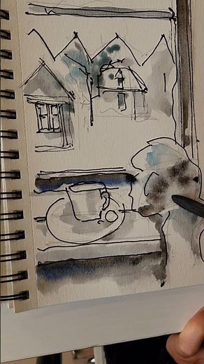 Croquis aquarelle: un café à la fenêtre, paysage d’hiver #aquarelle #watercolor #cafe