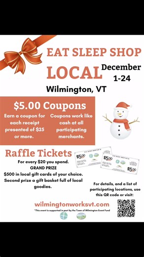 Eat, Sleep, Shop Local Starts Today🎉🎁 Take your holiday shopping to the next level by shopping local! Visit participating local businesses and receive a $5.00 coupon for every $25.00 spent. 🔗 https://www.wilmingtonworksvt.com/eat-sleep-shop-local #visitvt #shoplocal | Southern Vermont Deerfield Valley Chamber