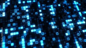 Beautiful Digital Symbols Grid Flickering and Glowing Blue Color. Letters and Numbers Changing on Digital Screen Close-up 3d Animation. Big Data Code Information Futuristic Technology Concept 4k UHD